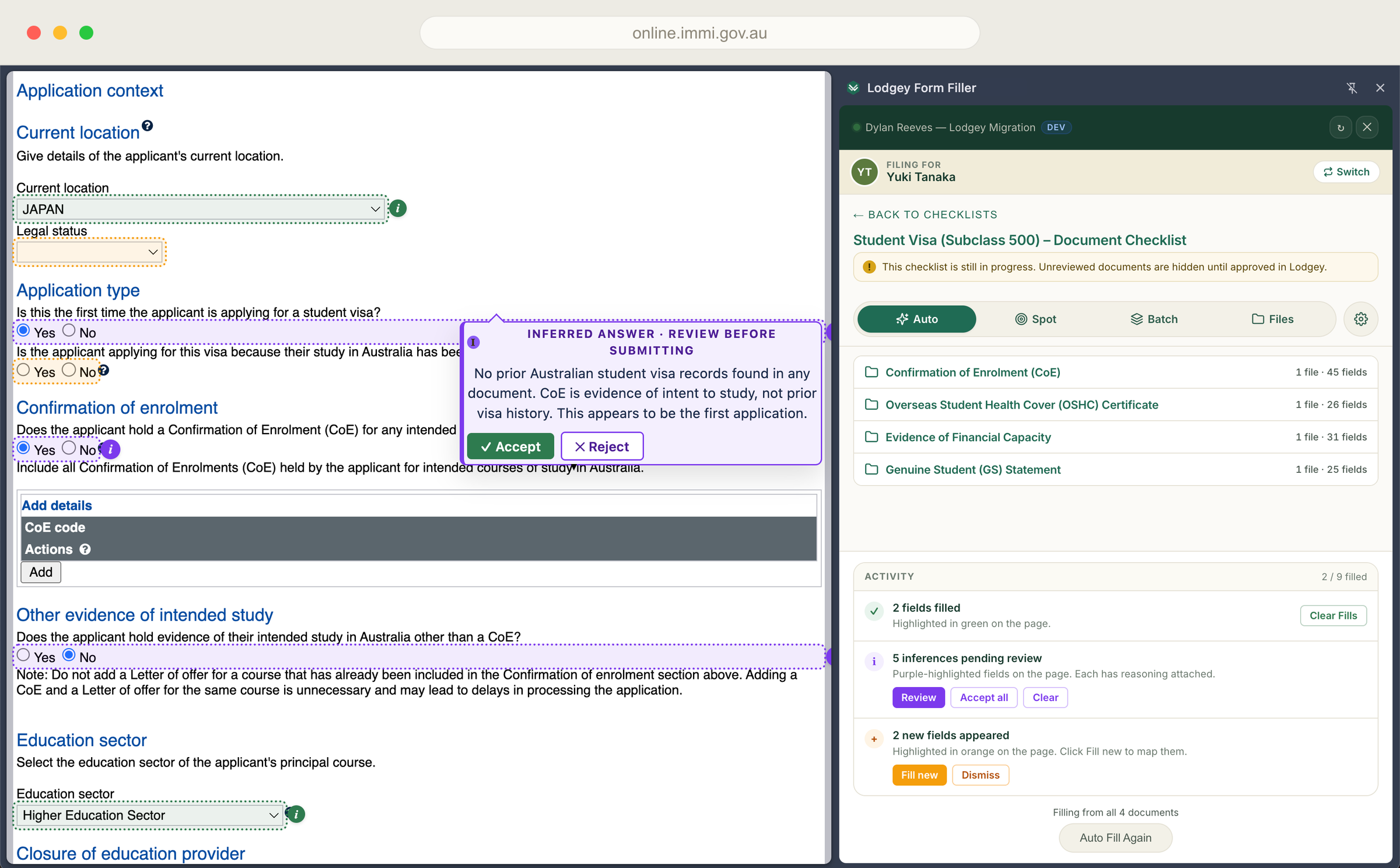 The Lodgey Form Filler extension filling a Subclass 500 application on ImmiAccount, with inferred answers flagged for review.