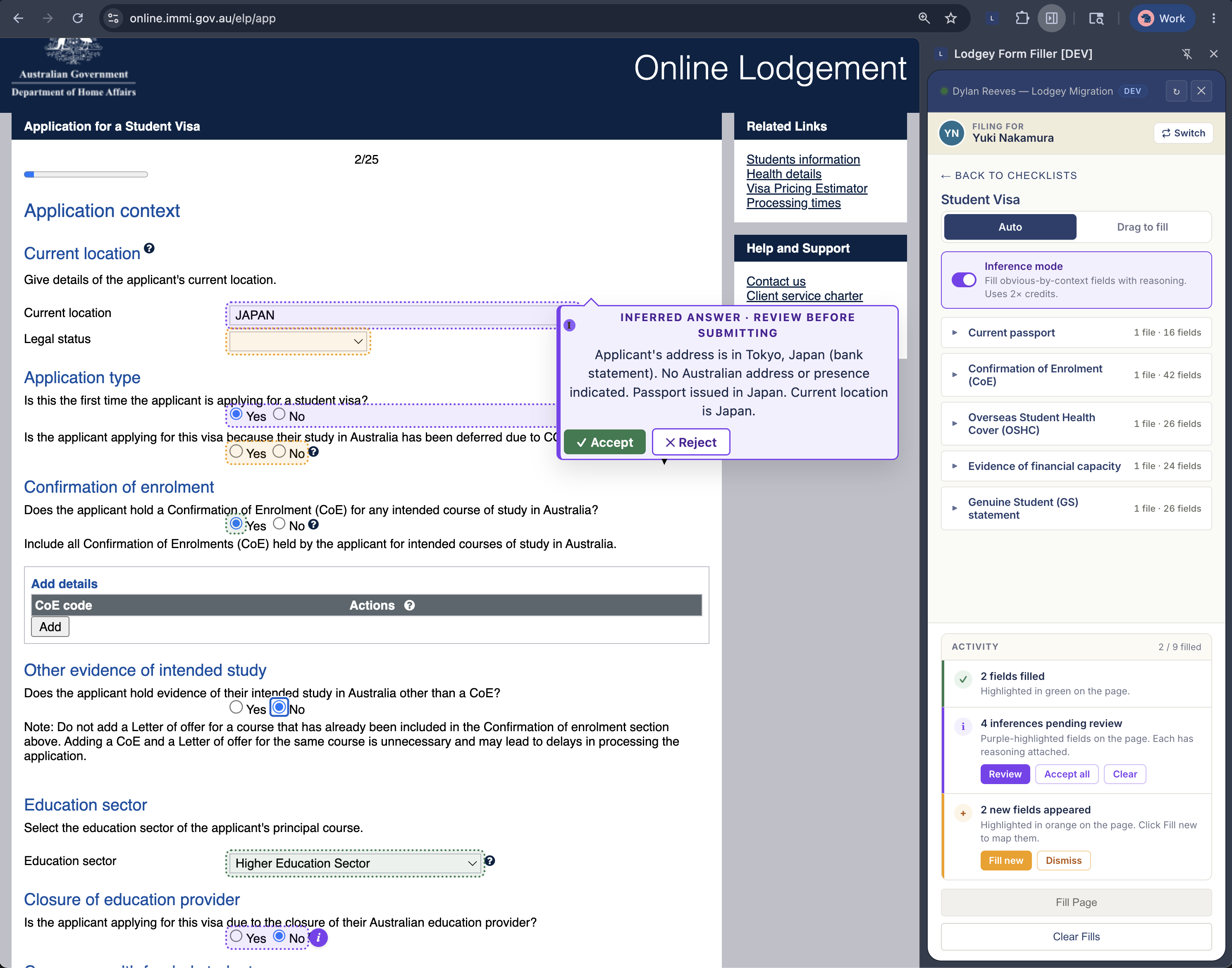 The Lodgey Chrome extension filling an ImmiAccount Student Visa application, with inferred-answer review and an activity panel